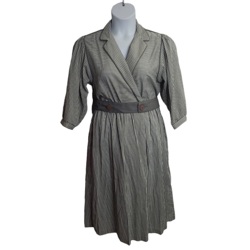 NEW VINTAGE 70s gray striped half wrap shirt dress with‎ belt S
